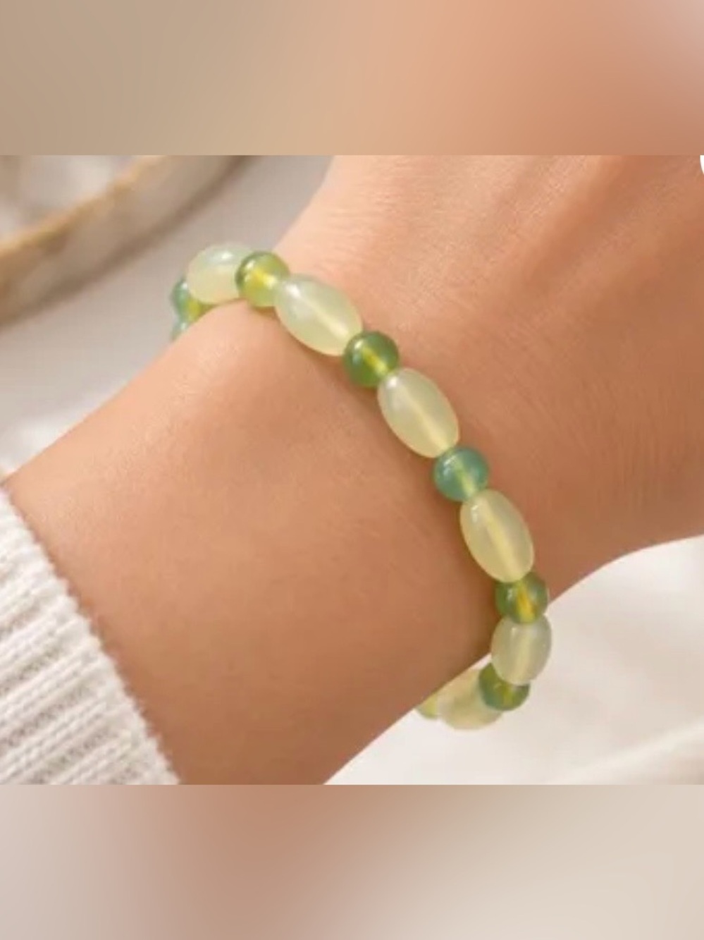 Green & Cream Beaded Stretch Bracelet One Size Fits Most